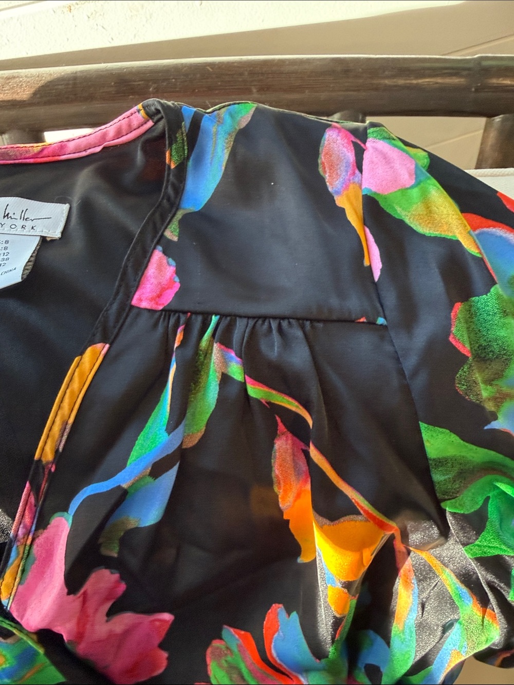 Nicole Miller Black Floral Wrap Dress with Bright Pink and Green Bloom Print - Picture 3 of 4